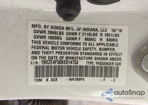 2019 Honda Insight Ex z USA, uszkodzony, nr VIN 19XZE4F50KE014753